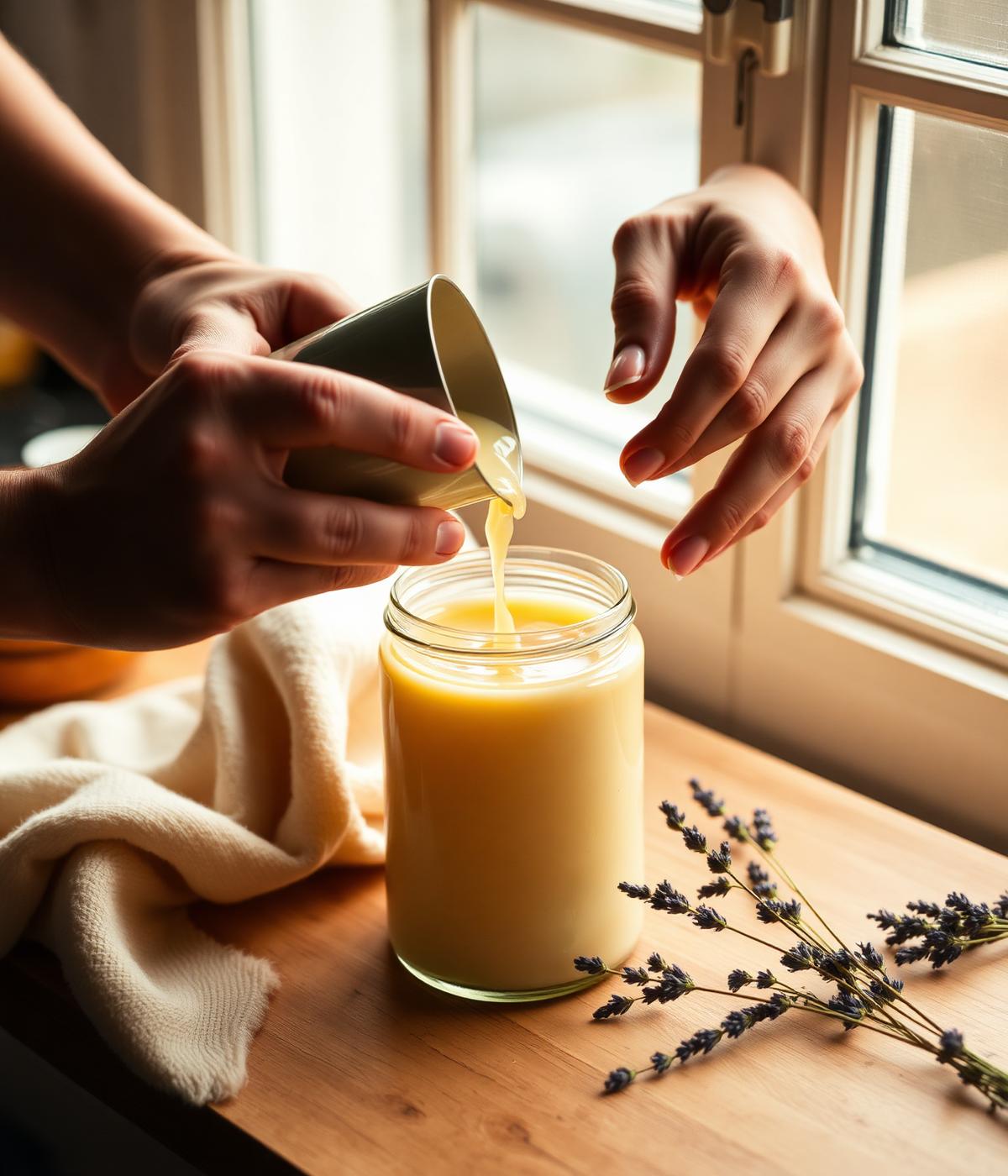 Pouring soy wax into a candle jar by hand